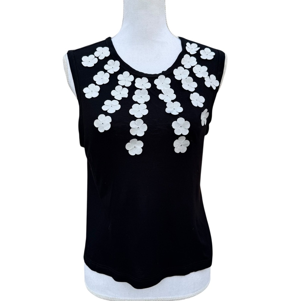Vera Wang Black Sleeveless Top 3D‎ White Flower Embellishment Women's XS